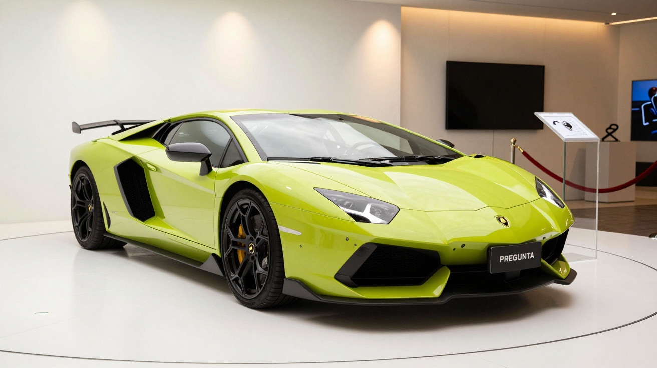 Mașină sport verde deschis, expusă într-un showroom modern, cu un design elegant și aerodinamic.