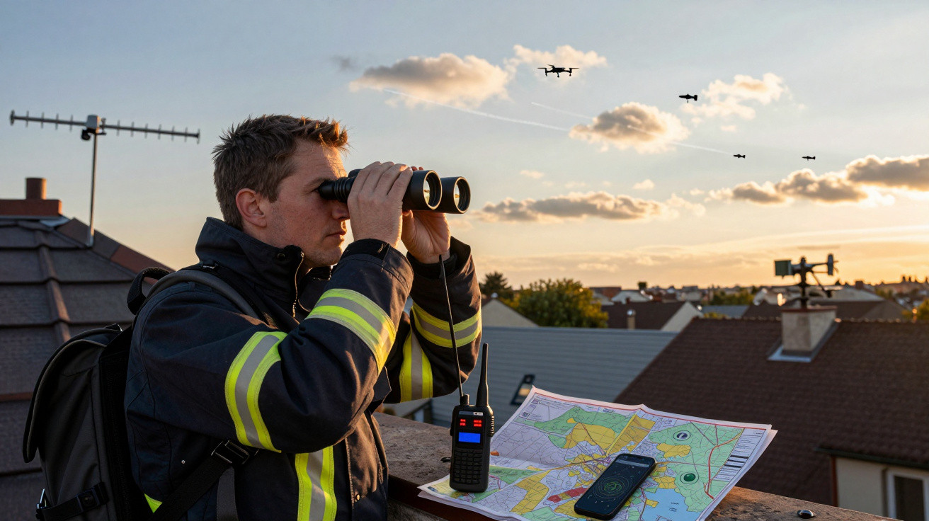 Bărbat în uniformă de pompier urmărește drone cu binoclul la apus, având o hartă și un talkie-walkie pe masă.