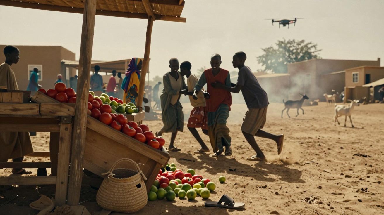 Oameni fugind lângă o tarabă cu legume răsturnate, drone și capre în fundal, într-un peisaj de oraș arid.