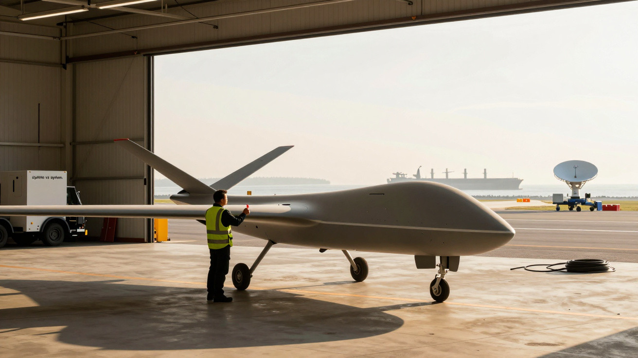 Persoană cu vestă reflectorizantă verifică o dronă într-un hangar, cu un peisaj maritim în fundal.