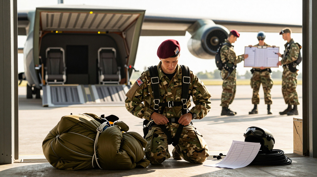 Soldat în uniformă militară se pregătește de parașutare lângă un avion, cu echipament și hărți pe pistă.