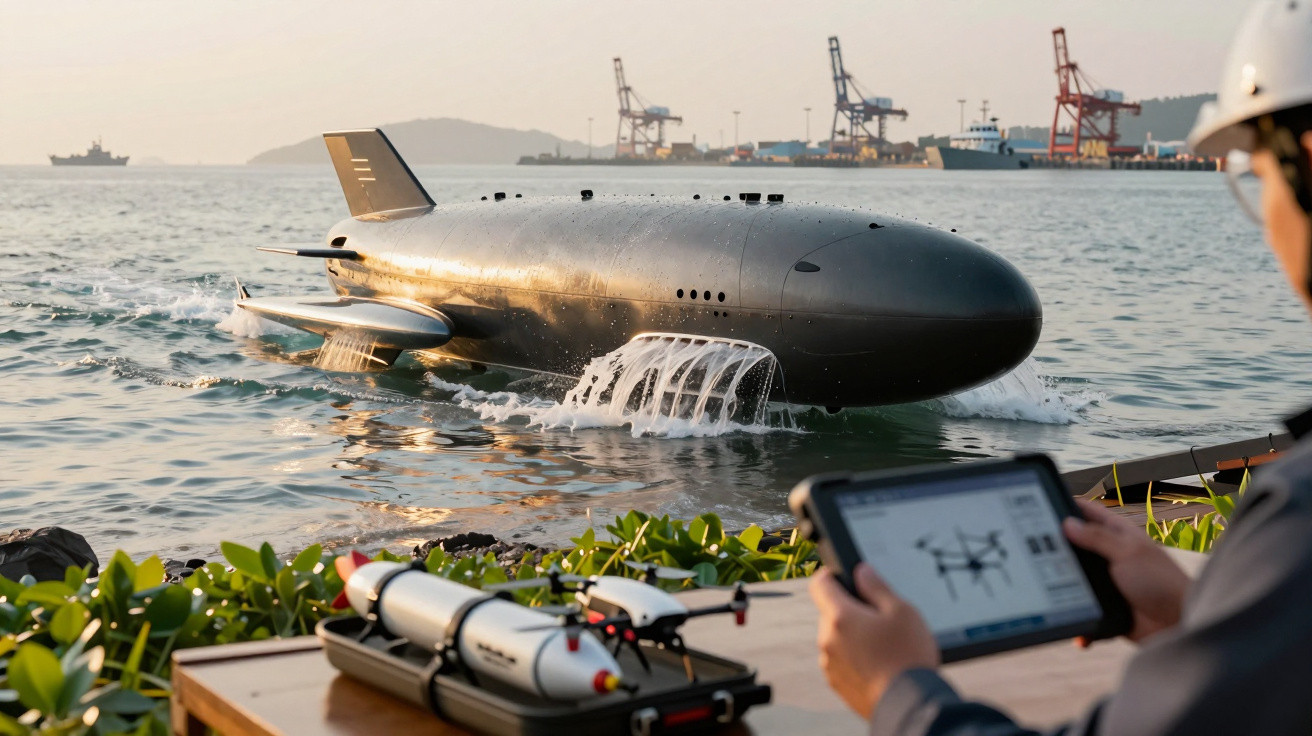 Submarin pe apă în port, controlat de o persoană cu tabletă; macarale și nave în fundal.