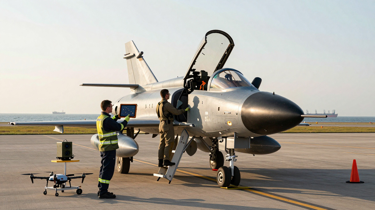 Avion de luptă pe pistă, pilot urcând în cabină; personal lângă avion, dronă mică pe sol, mare în fundal.
