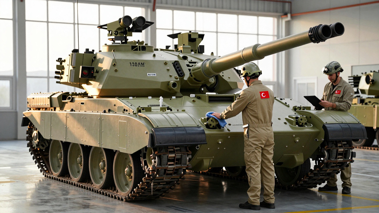 Tanc militar modern în hangar, verificat de tehnicieni îmbrăcați în uniforme bej, cu steagul turc pe mânecă.
