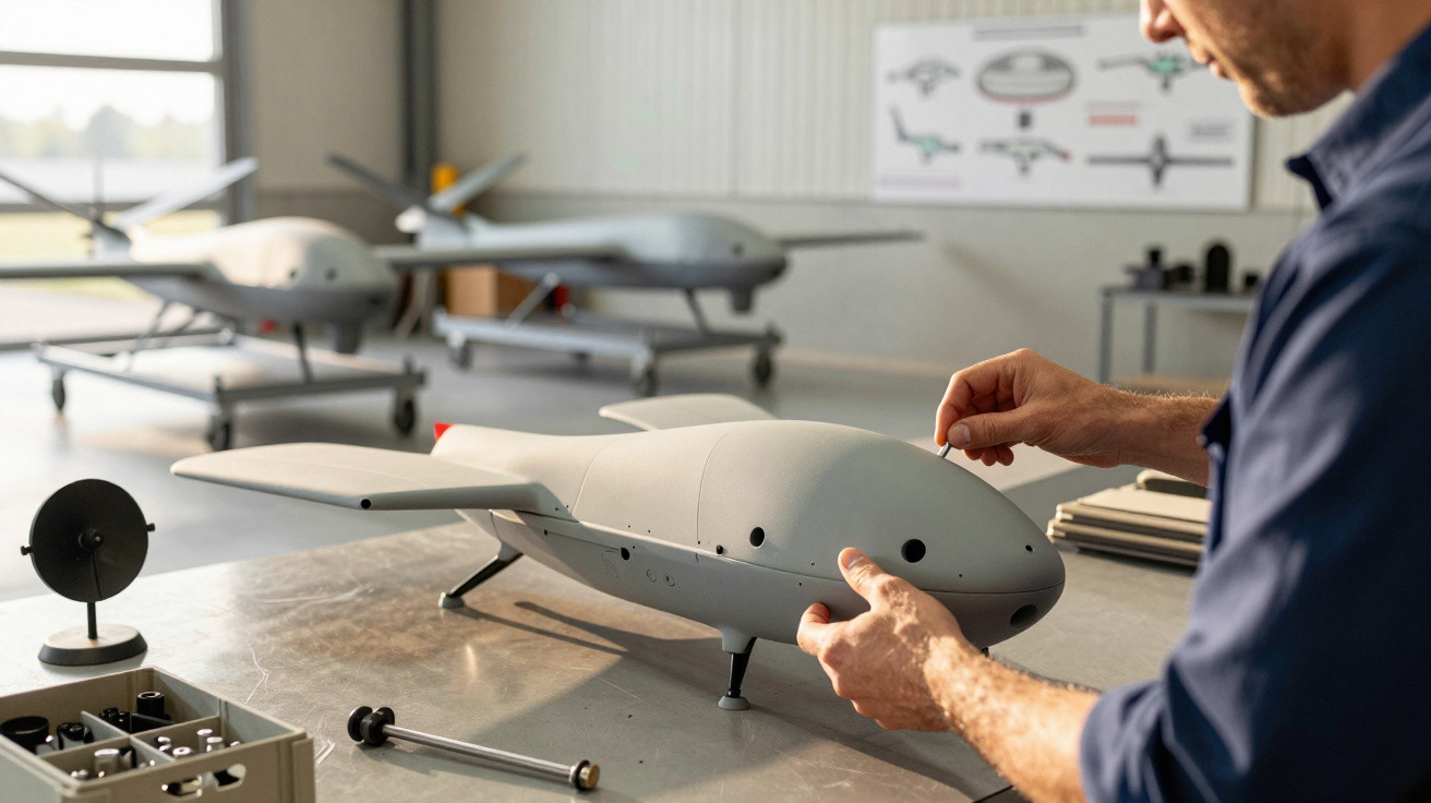Bărbat lucrând la un model de dronă într-un atelier, cu alte drone în fundal.