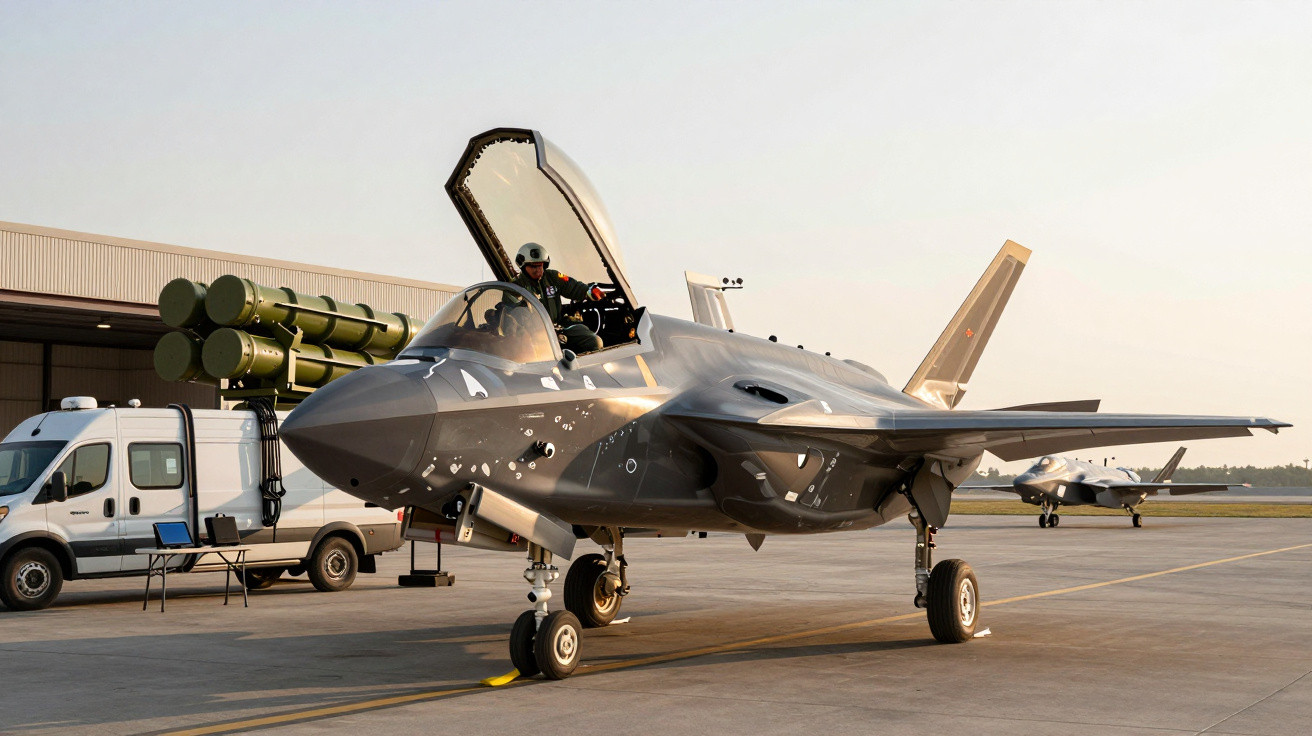 Avion de vânătoare F-35 pe pistă cu un pilot în cabină și hangar în fundal, la apus.