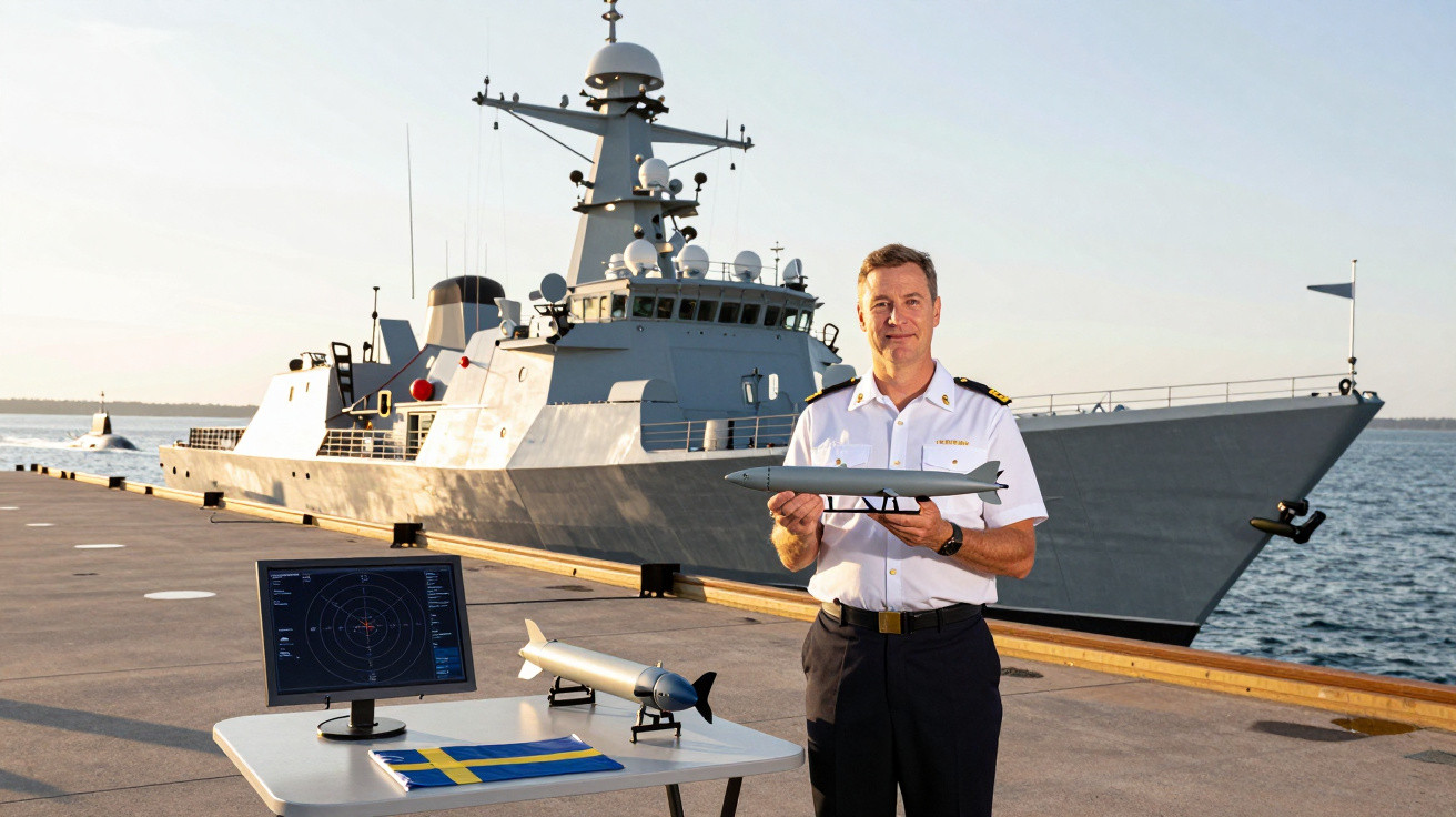 Ofițer naval prezintă un model de rachetă lângă o navă de război pe un ponton, cu un ecran și steagul Suediei pe masă.