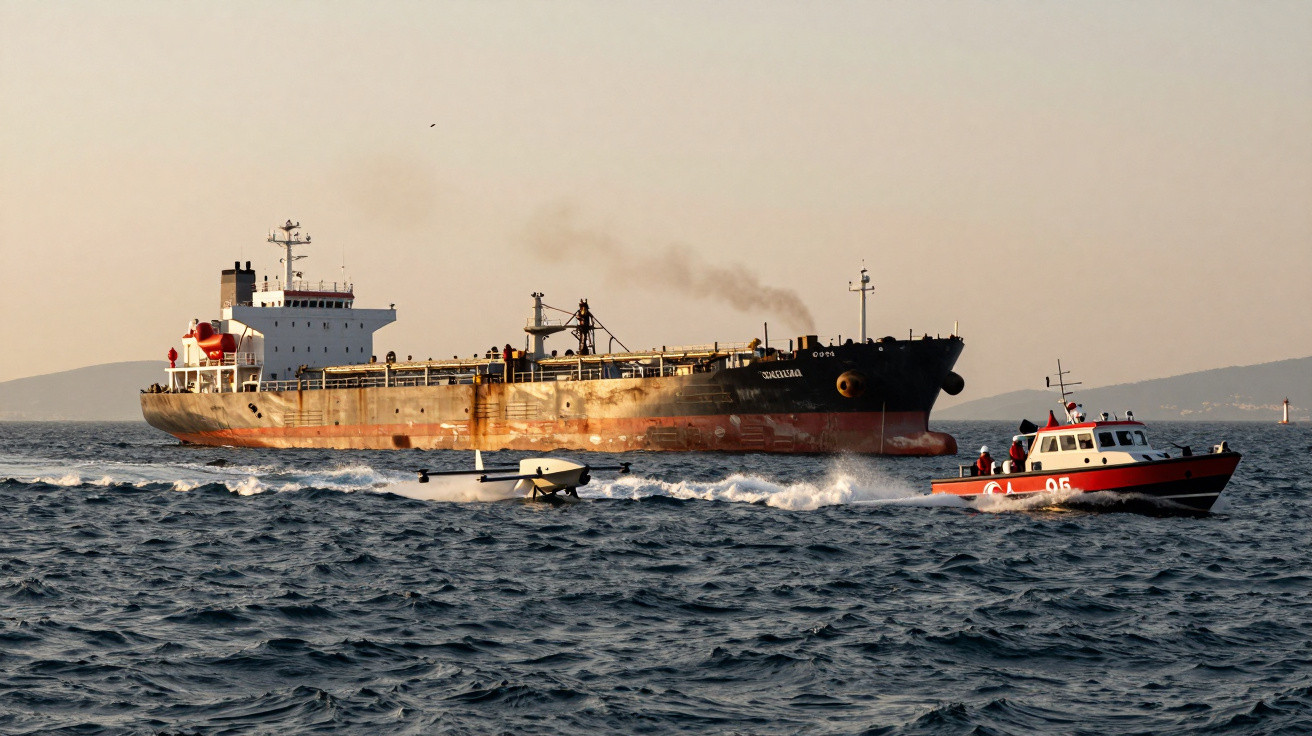 Tanc petrolier navigând lângă o barcă de patrulare și un hidroavion pe mare, la apus.