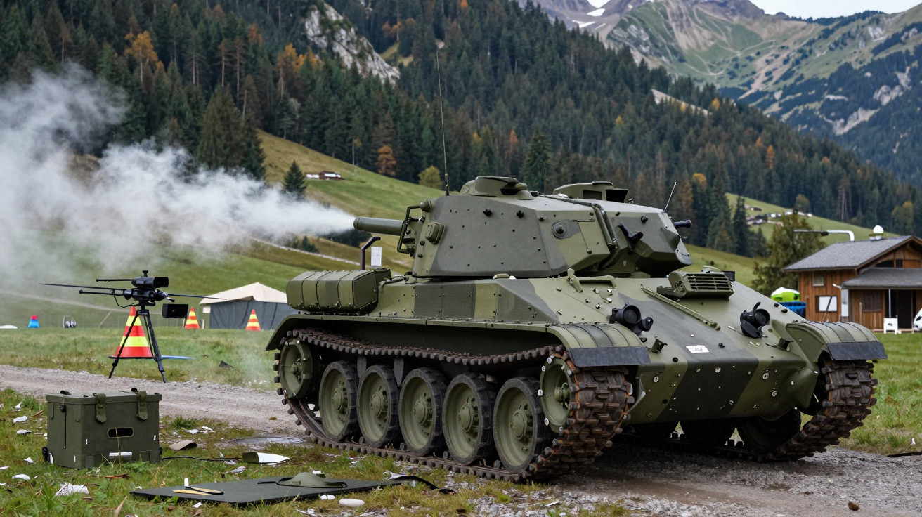 Tanc verde în câmp montan, cu fum alb, echipament militar și pădure în fundal.