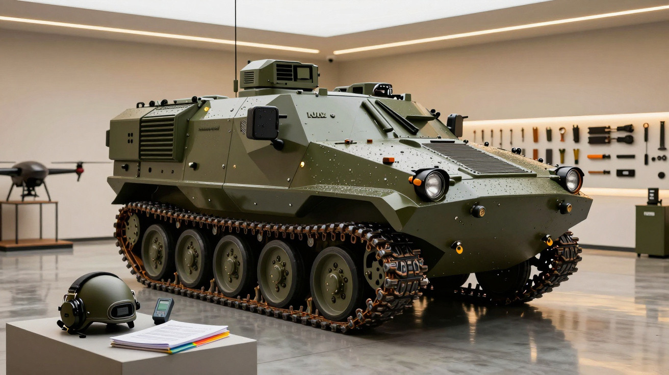 Vehicul blindat pe șenile expus într-o sală modernă, cu echipament militar și căști pe o masă alăturată.