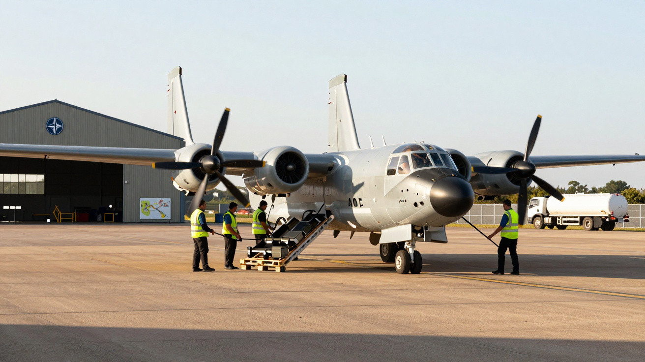Avion militar pe pistă cu personal tehnic, hangar cu sigla NATO în fundal, câțiva oameni în viziere galbene.