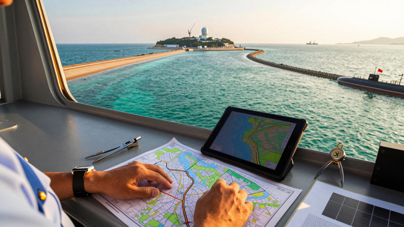 Persoană navigând cu hartă și tabletă într-o cabină, privind spre insula din larg, cu un submarin în dreapta.