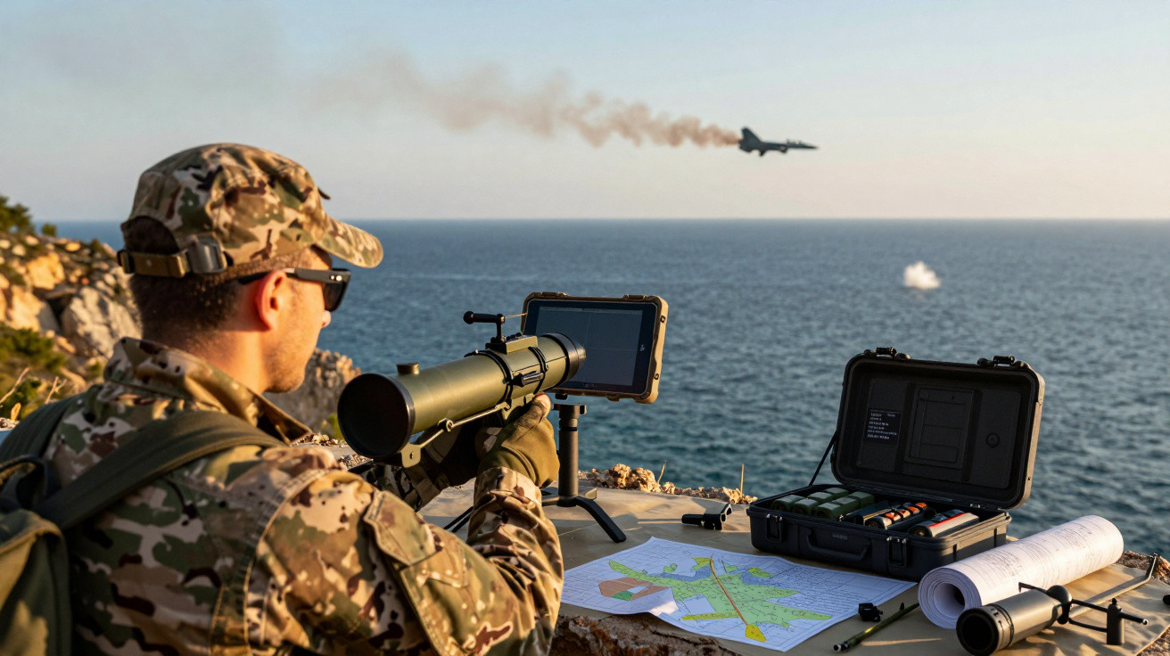 Militar, cu echipament de camuflaj, operează un dispozitiv electronic lângă o mare, urmărește un avion în zbor.