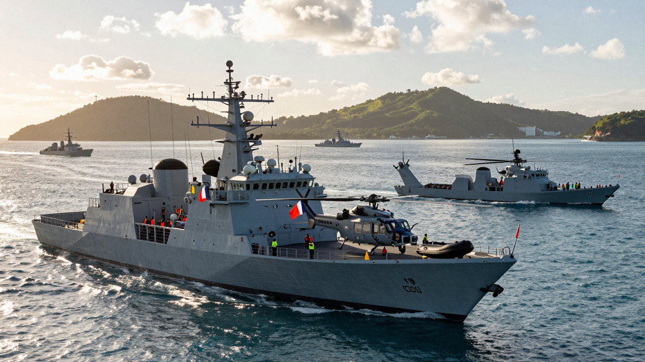 Nave militare navigând pe mare cu insule în fundal sub cer senin și nori pufoși.
