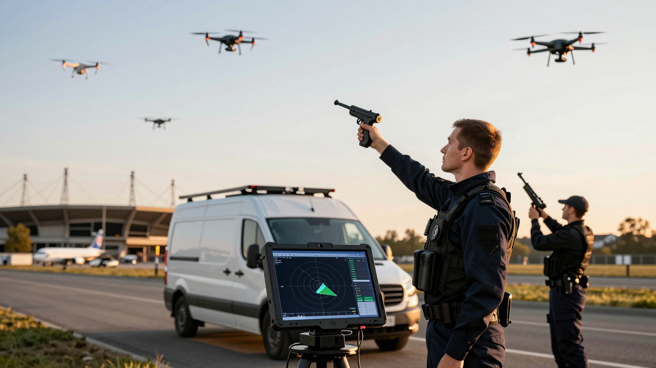 Două persoane în uniforme controlează drone cu un dispozitiv pe un drum lângă o dubă albă și un stadion.