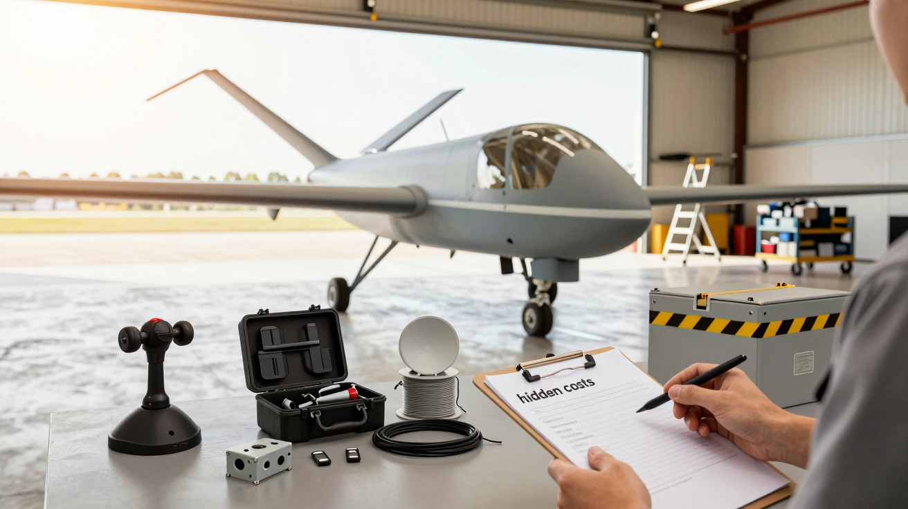 Persoană ținând clipboard într-un hangar cu un avion dronă în fundal și echipament tehnic pe masă.