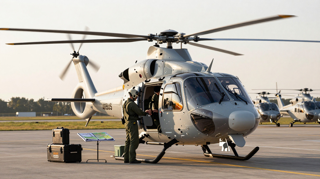 Elicopter militar pe pistă, cu personal verificând echipamentul; fundal cu cer senin și alte elicoptere.