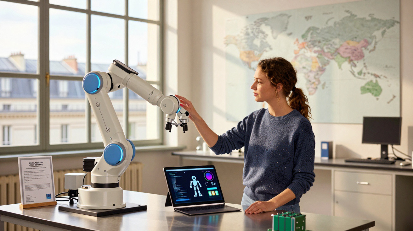Femeie tânără interacționând cu un braț robotic într-un laborator modern, cu laptop și hartă în fundal.