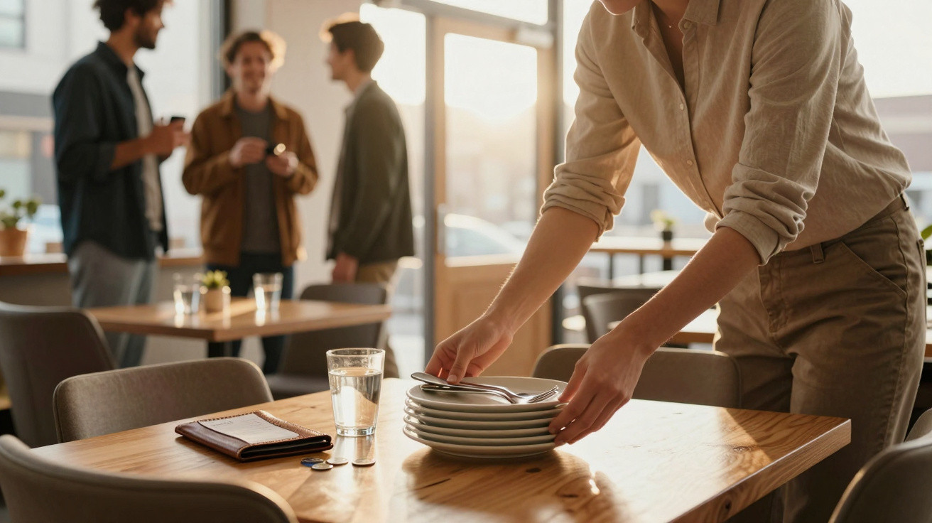 O persoană aranjează farfurii pe o masă într-un restaurant, în fundal trei oameni discută.