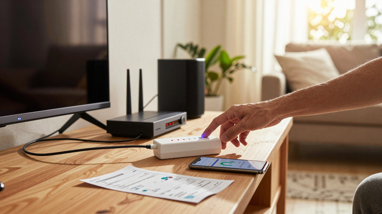 Mână apăsând un buton pe o priză inteligentă conectată la router și telefon cu aplicație în partea unui televizor.