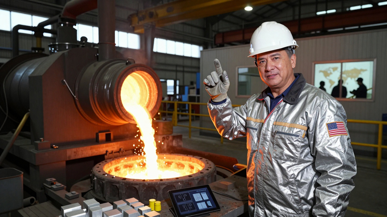 Lucrător în halat termorezistent și cască albă, supraveghind turnarea metalului topit într-un cuptor industrial.