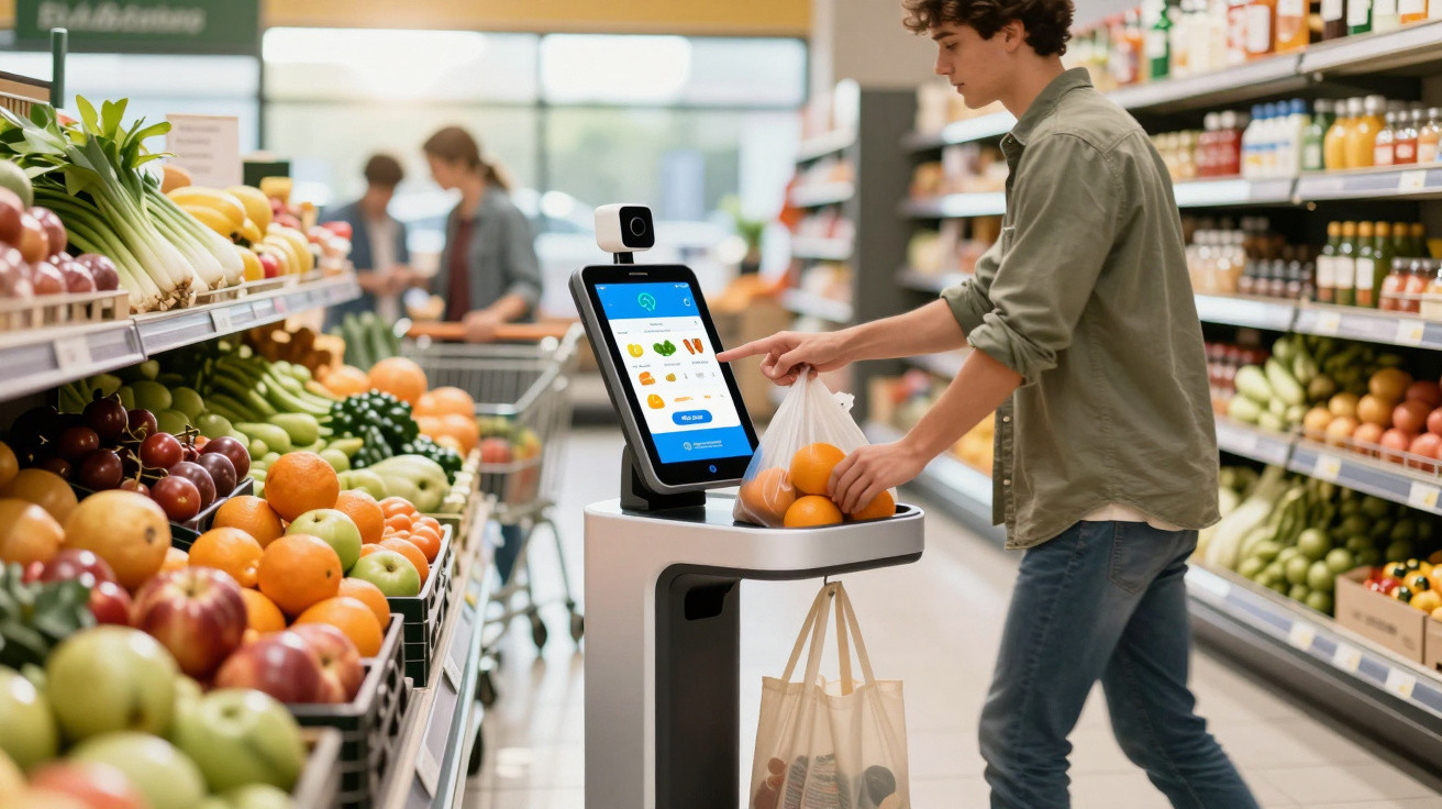 Bărbat scanând fructe la un dispozitiv de autoservire într-un supermarket modern.