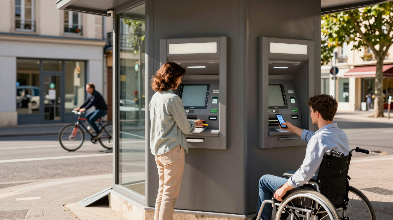 O femeie și un bărbat în scaun cu rotile utilizează un ATM pe stradă în timpul zilei.