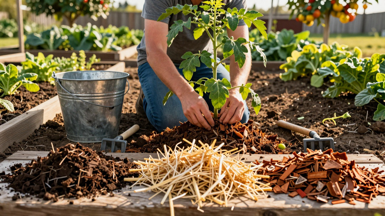 Persoană plantează un răsad de tomată într-o grădină cu unelte și materiale pentru mulcire alături.