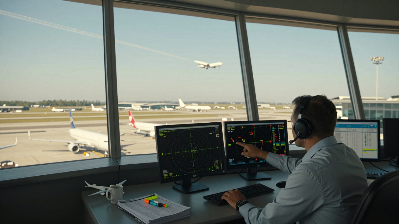 Controlor aerian la muncă în turnul de control, monitorizând zborurile și aeronavele pe ecrane lângă o fereastră mare.