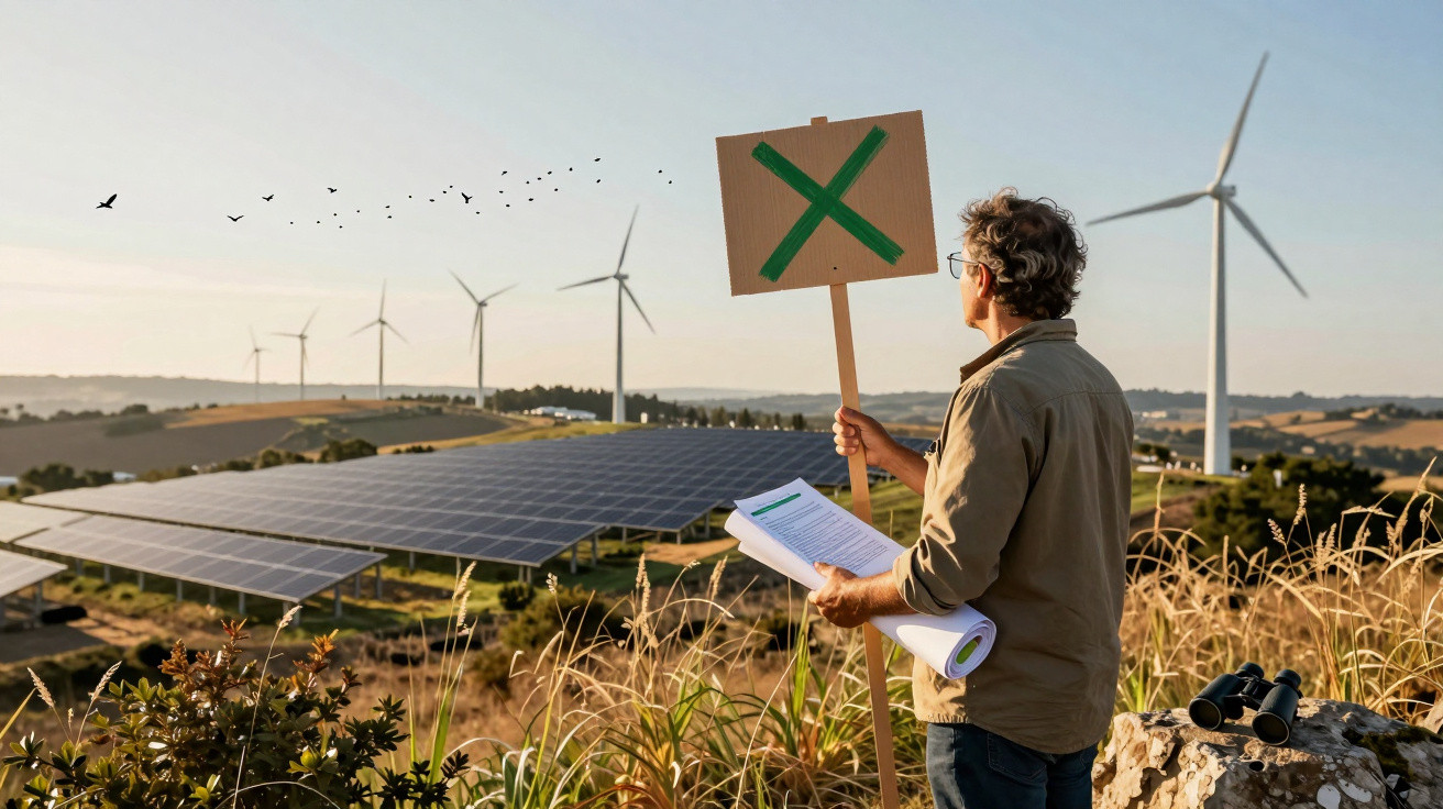 Bărbat ținând un panou cu X verde lângă panouri solare și turbine eoliene într-un câmp.