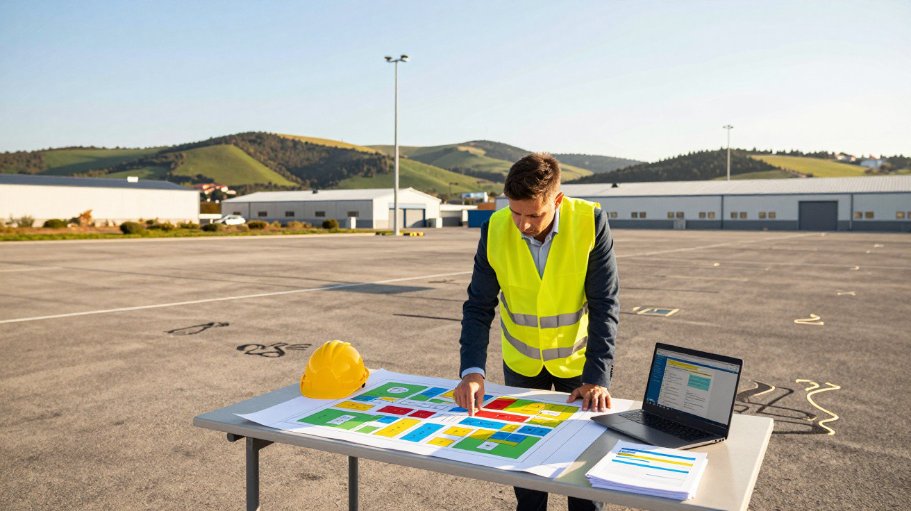 Bărbat cu vestă reflectorizantă verificând planul unui proiect pe o masă, cu cască galbenă și laptop.