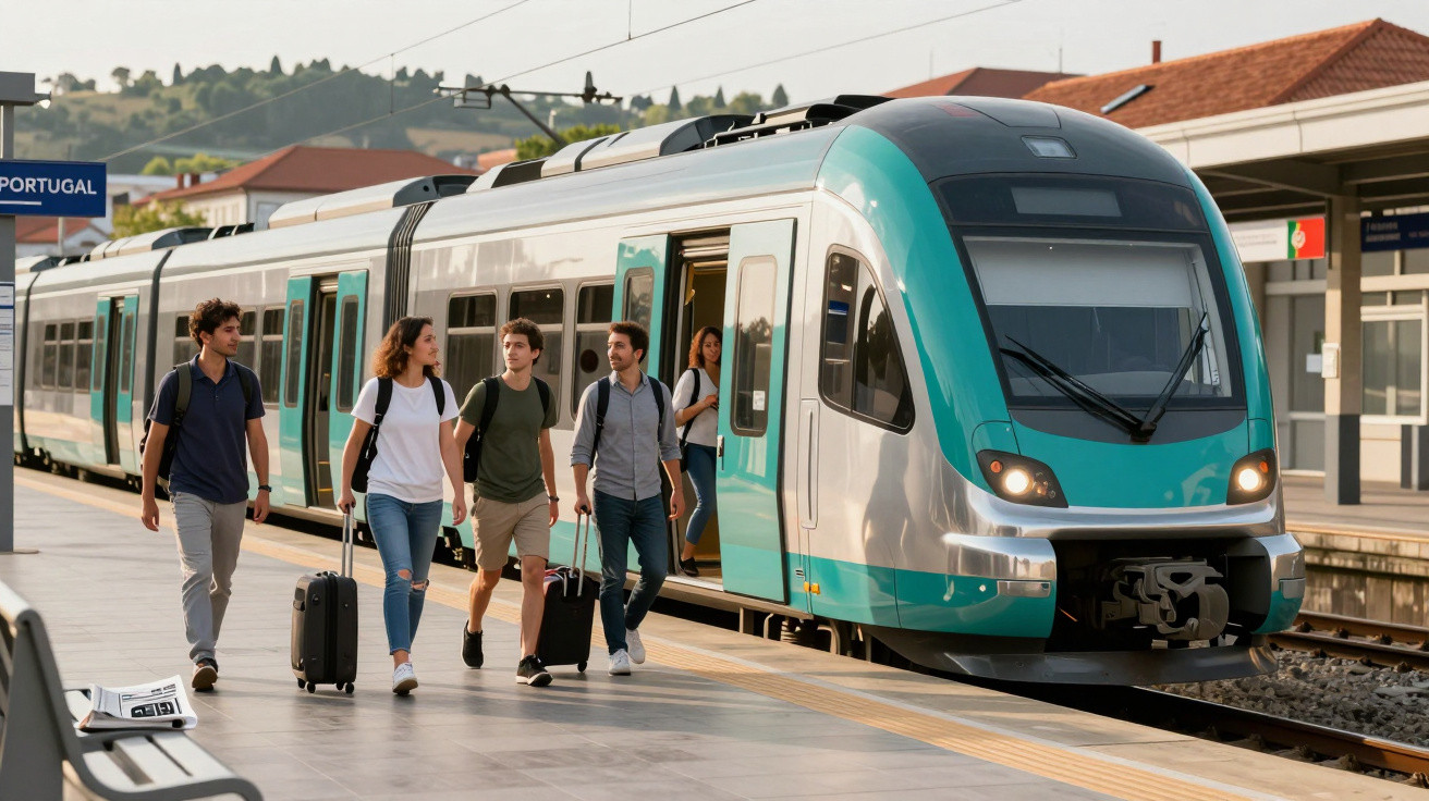 Patru tineri cu bagaje ies dintr-un tren modern pe o platformă de gară în aer liber.