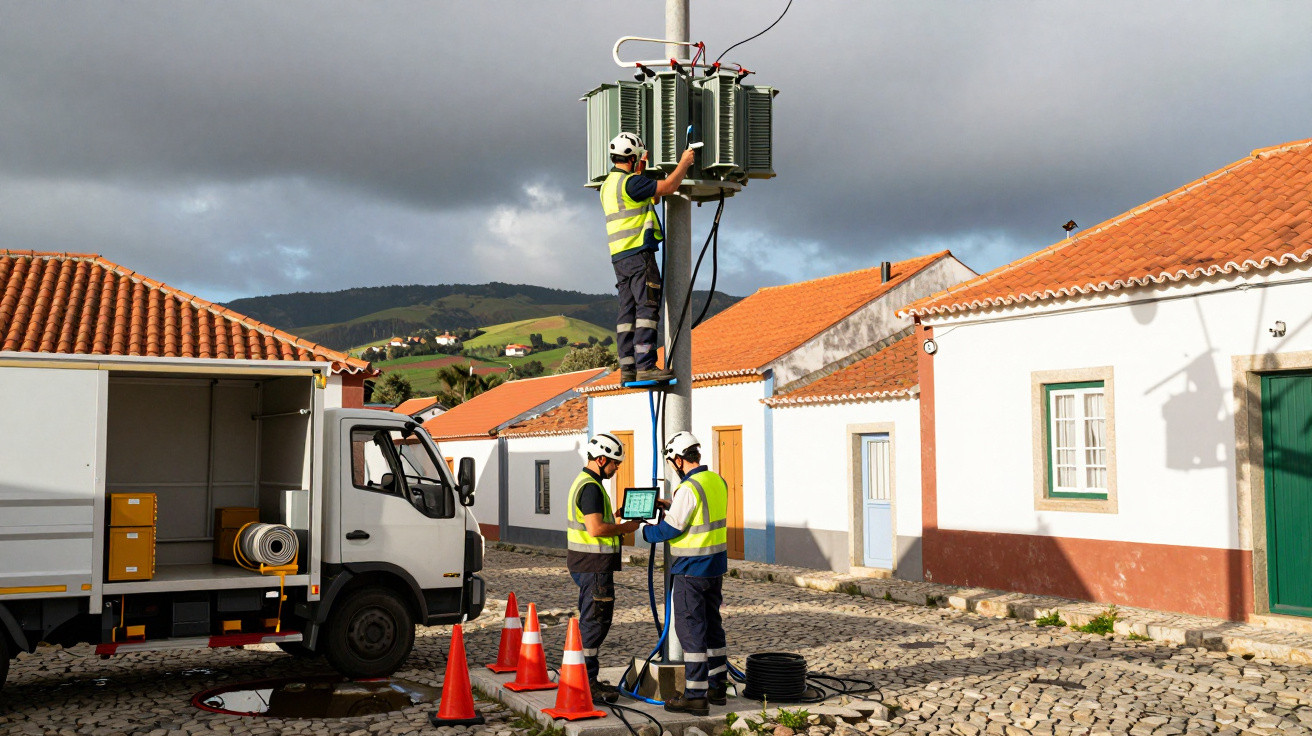 Tehnicieni electricieni repară un transformator pe un stâlp în zona unei străzi pietruite, cu case și camion alb.