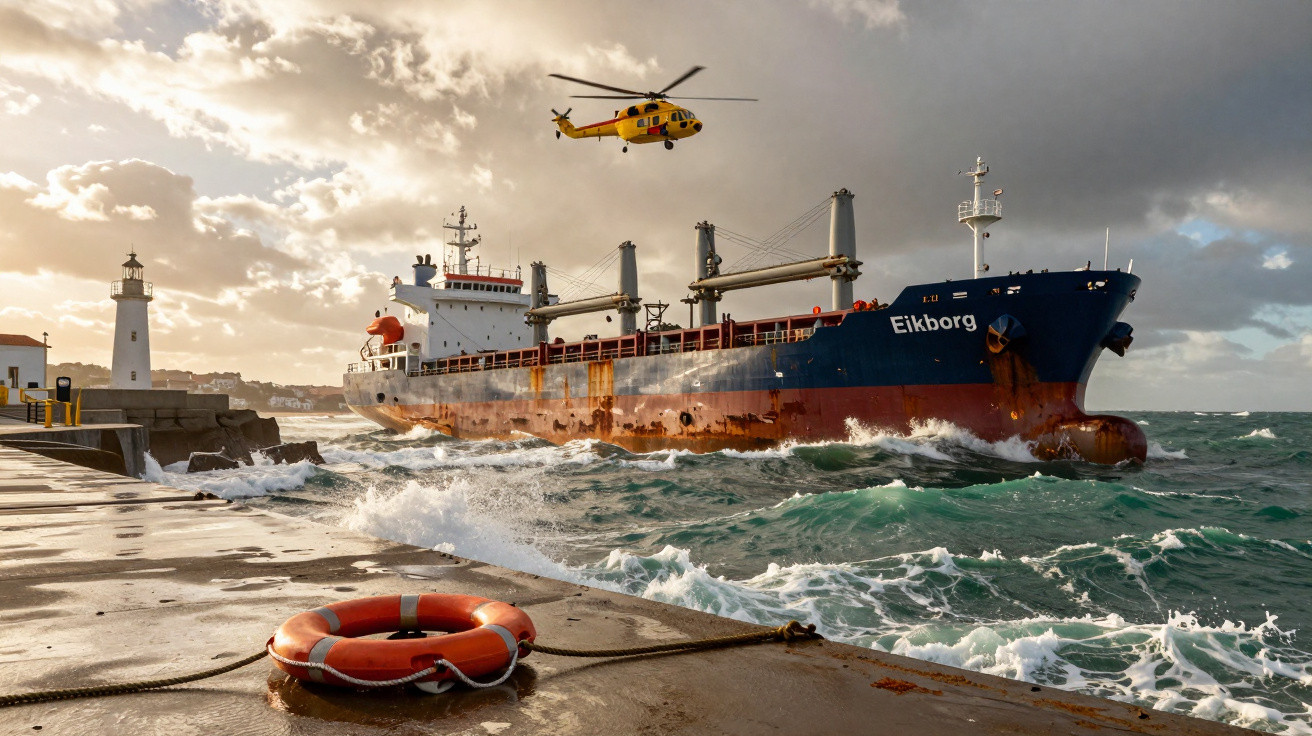 Nava cargo Eikborg navigând în mare agitată, elicopter galben zburând deasupra, far pe dig în fundal.