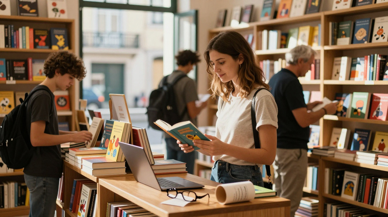 Tineri și adulți răsfoind cărți într-o librărie luminoasă cu rafturi pline și laptop deschis pe masă.