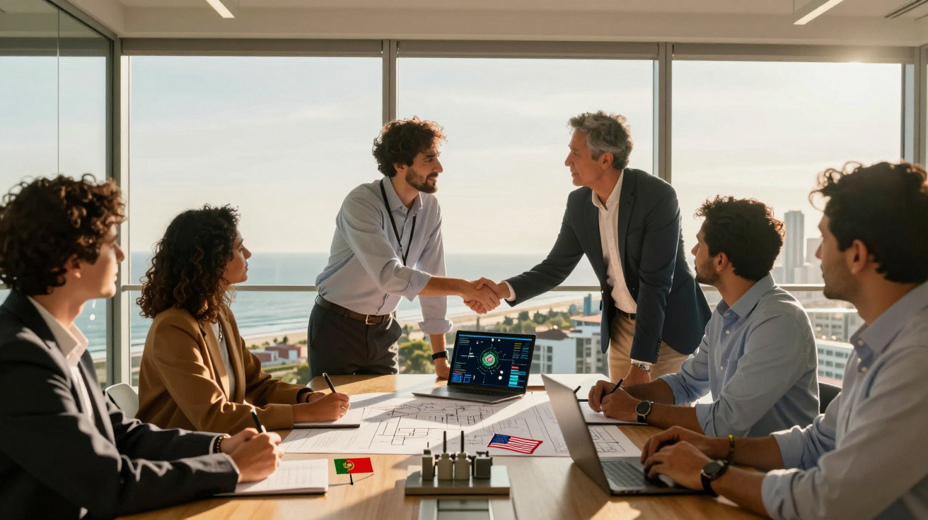 Oameni de afaceri la o întâlnire, strângând mâna într-o sală de ședințe cu vedere spre mare.