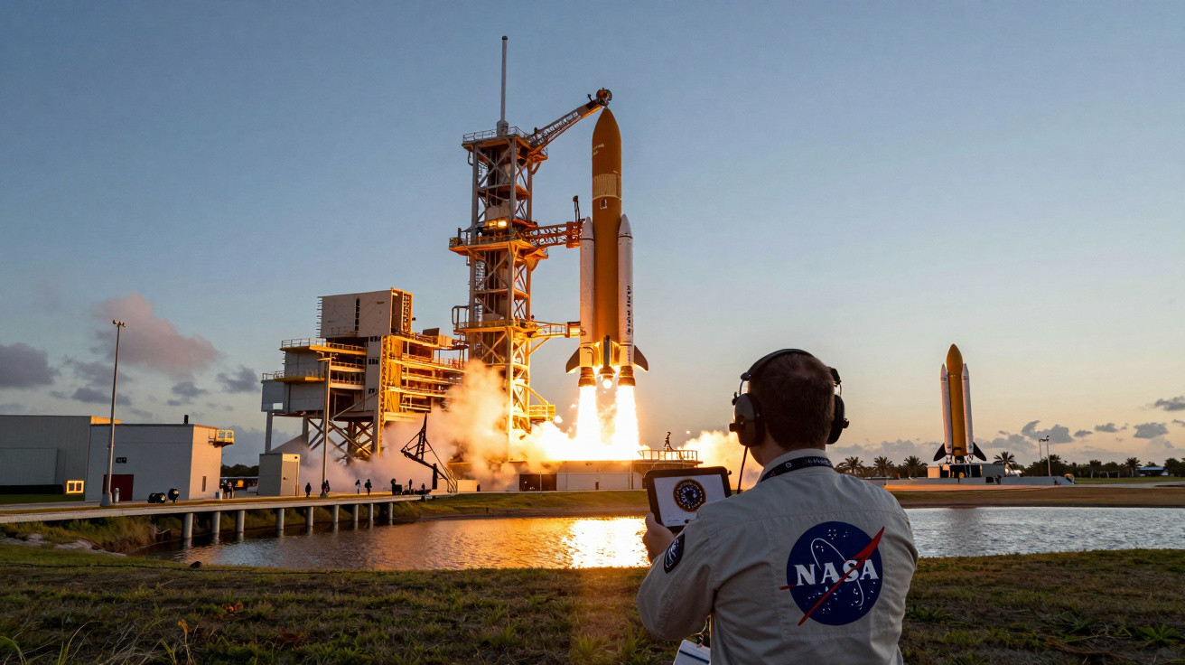 Rachetă NASA lansându-se de la platforma de lansare, cu tehnician privind și ținând un dispozitiv.