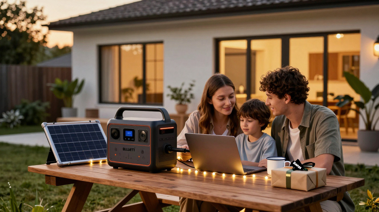 Familie folosind laptop la o masă în grădină, cu panou solar și stație de energie portabilă.