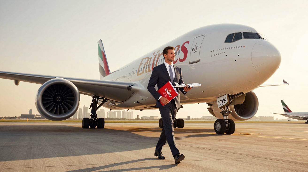 Bărbat în costum pe pistă, ținând o machetă de avion și documente, în fața unui avion Emirates parcat.