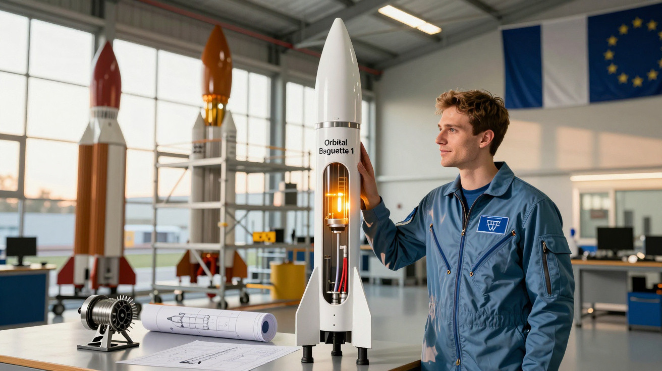 Tânăr inginer într-un atelier de rachete, studiind un model alb Orbital Baguette 1 cu planuri pe masă.