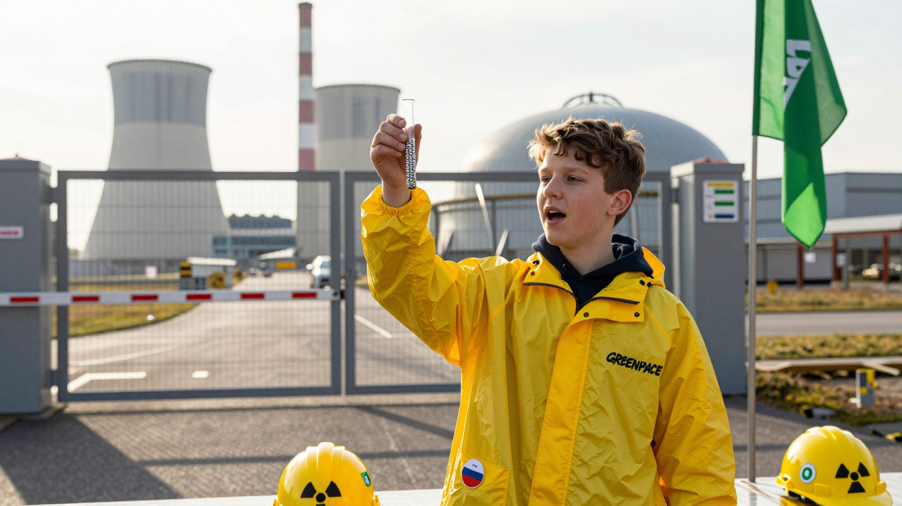 Băiat în geacă galbenă Greenpeace ținând un lanț metalic în fața unei centrale nucleare cu căști de protecție lângă el.