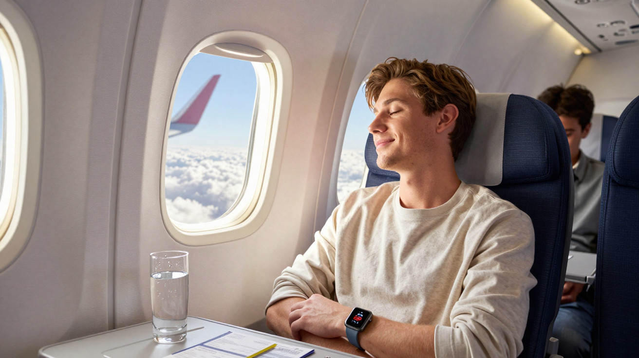 Bărbat relaxat cu ceas inteligent, stând lângă geamul avionului, cu pahar de apă pe masă.