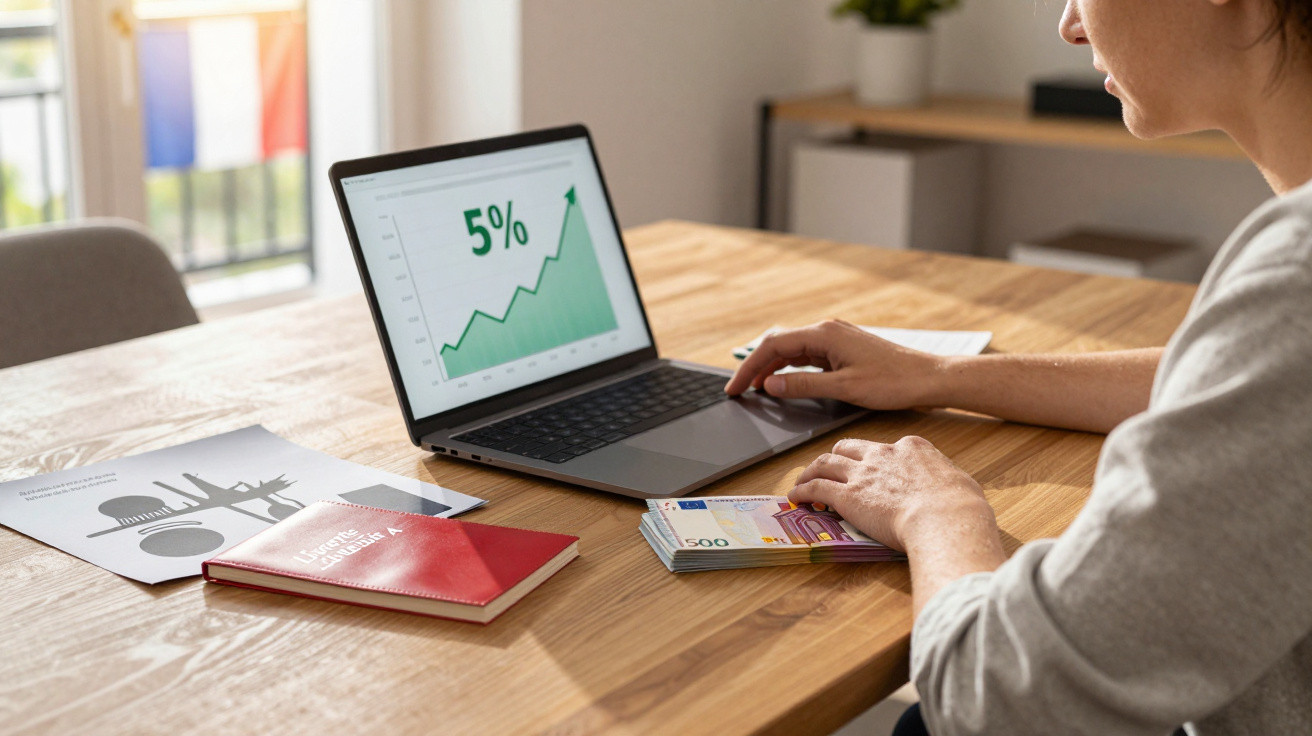 Persoană lucrează la laptop, cu grafic în creștere de 5%, având bancnote euro și documente pe masă.