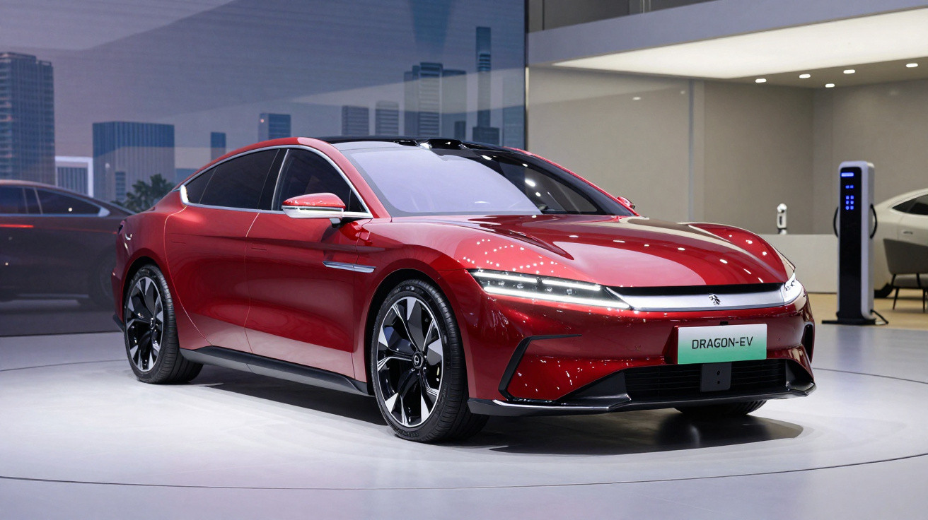 Mașină electrică sport de lux roșie, model Dragon-EV, expusă într-un showroom modern.