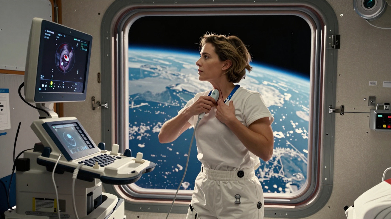 Femeie astronaut în costum alb utilizează un echipament medical într-o stație spațială, cu Pământul văzut prin fereastră.