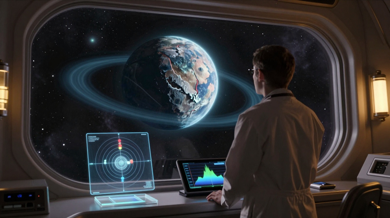 Un om de știință privește planeta cu inele și suprafață fragmentată dintr-o stație spațială futuristă.