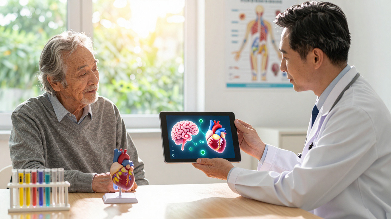 Medic care explică pacientului vârstnic funcțiile creierului și inimii folosind o tabletă digitală.