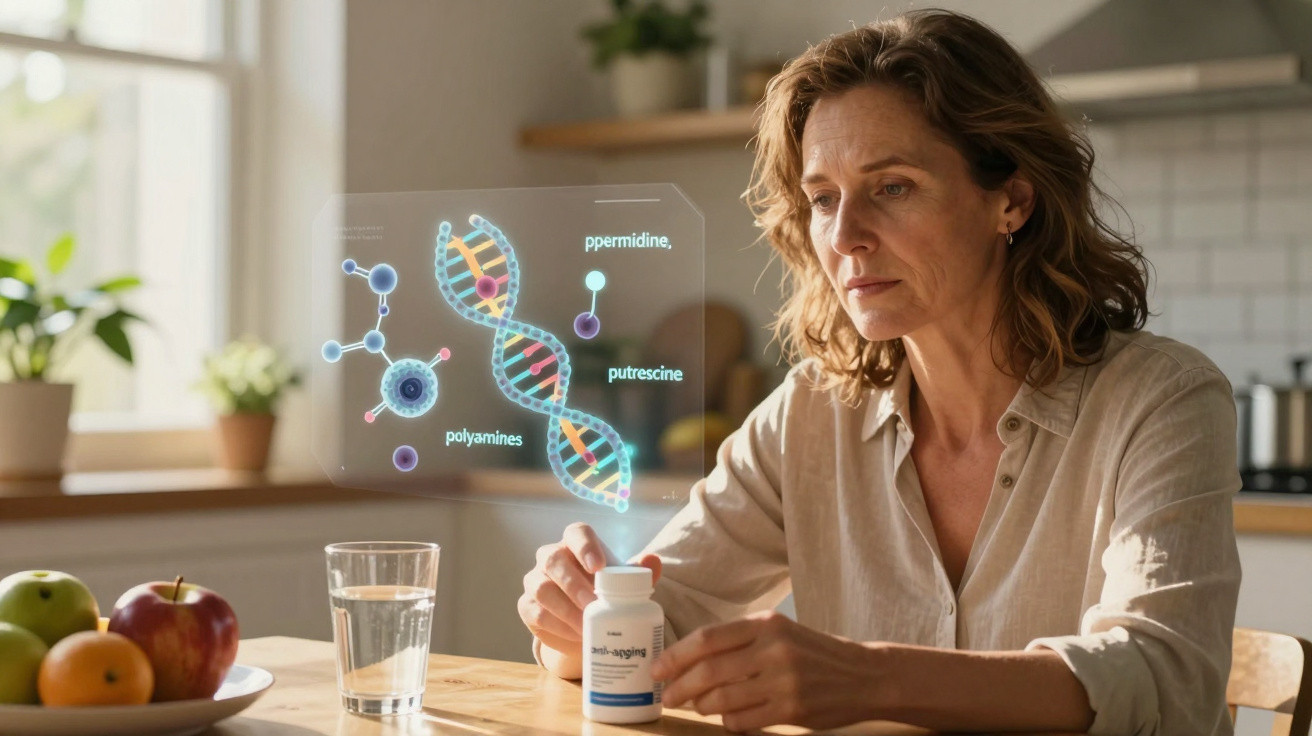 Femeie matură analizând hologramă cu ADN și molecule, ținând o sticlă de suplimente anti-îmbătrânire.
