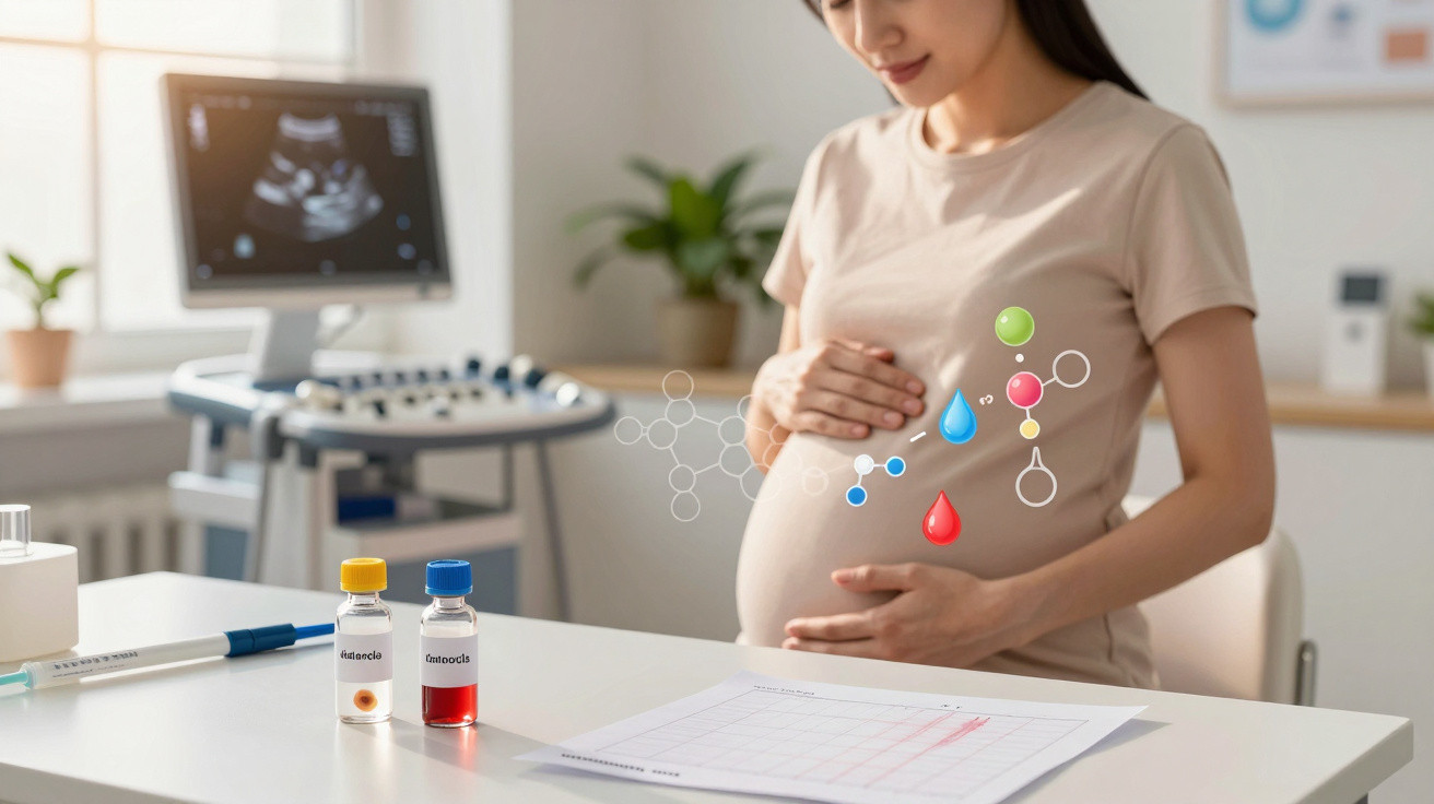 Femeie gravidă la cabinet medical, ținându-și burta, cu ecografie și flacoane de sânge pe masă.