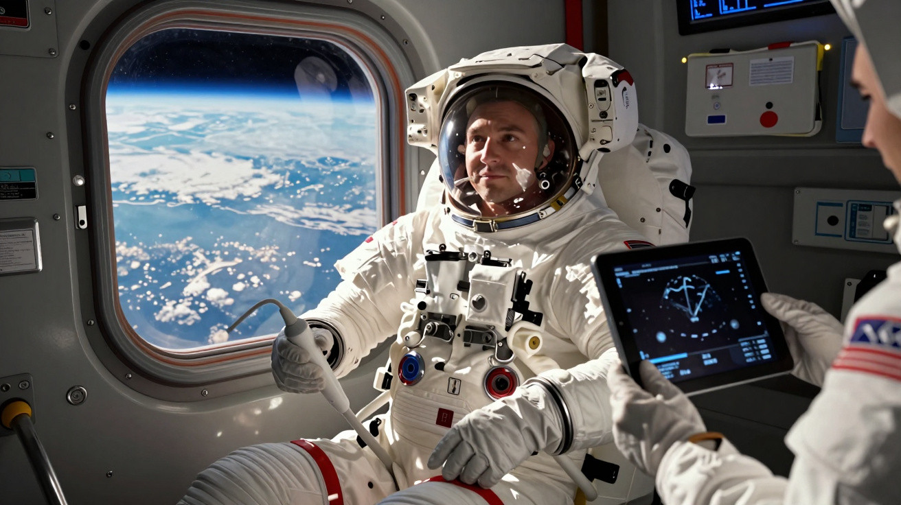 Astronaut în costum spațial în interiorul modulului spațial, cu Pământul vizibil pe fereastră.